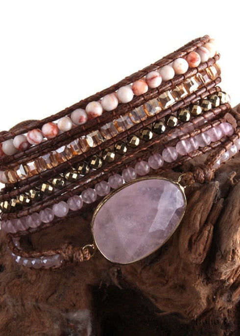 Boho Bracelet, RH 5 Layers Leather Wrap Bracelet, Crystal and Natural Stones